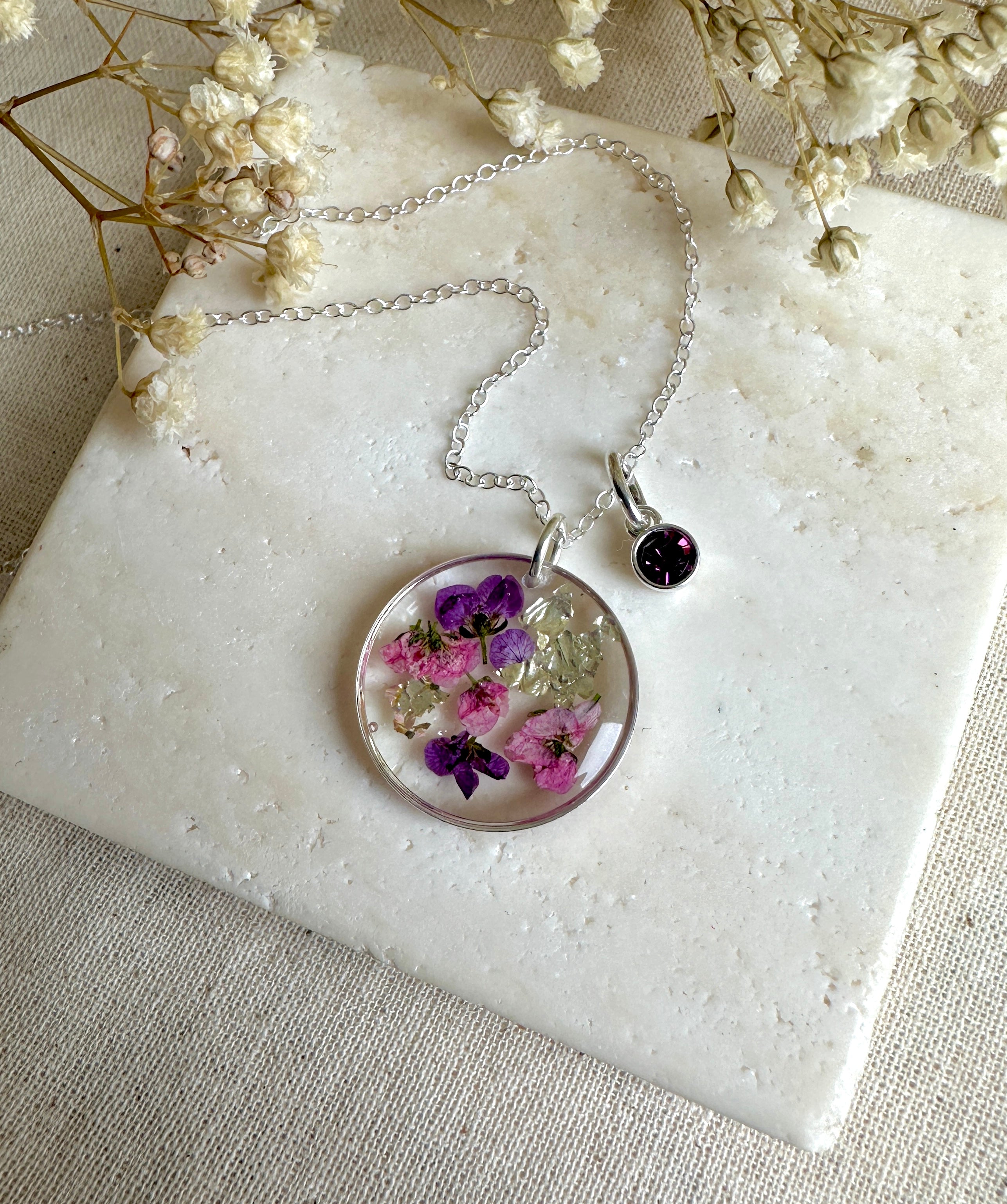 February Amethyst crystal birthstone real flower necklace.