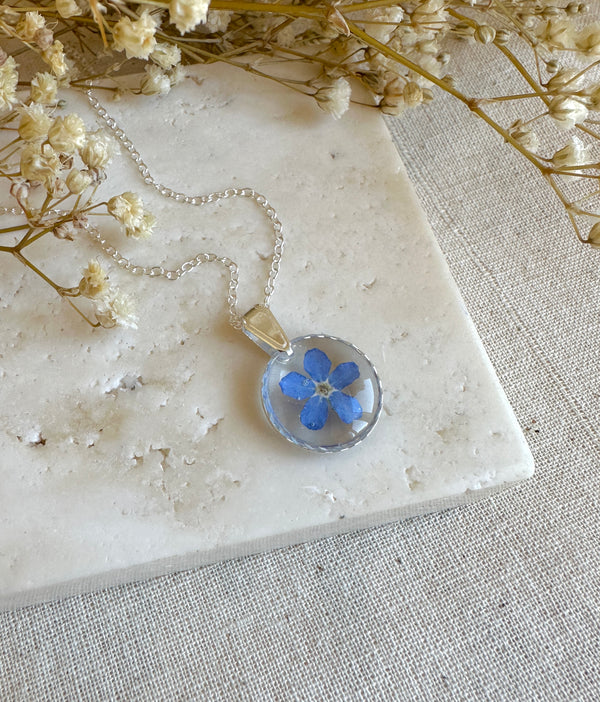 Real forget me not flower silver  necklace.
