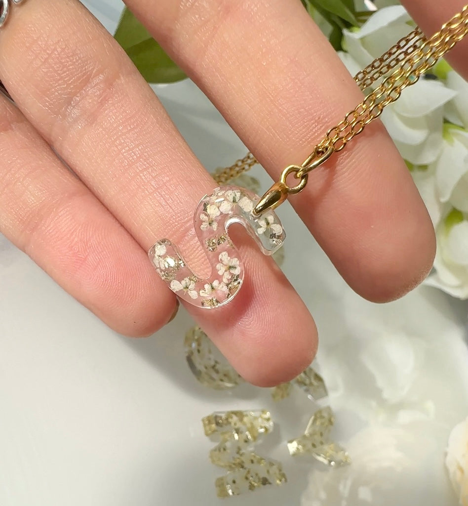 Gold preserved Lace Flower Custom Initial Necklace