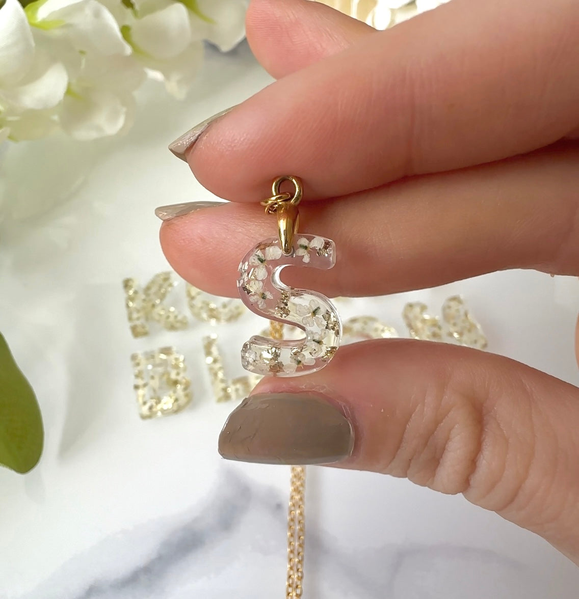 Gold preserved Lace Flower Custom Initial Necklace