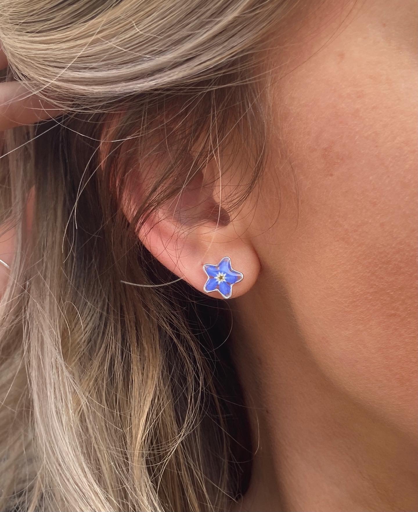 925 sterling silver real forget me not flower stud earrings.