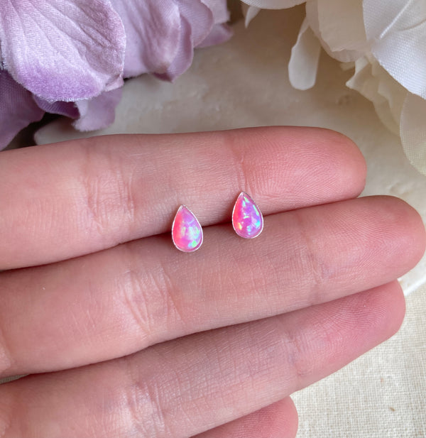 925 sterling silver Pink Opal teardrop stud earrings.