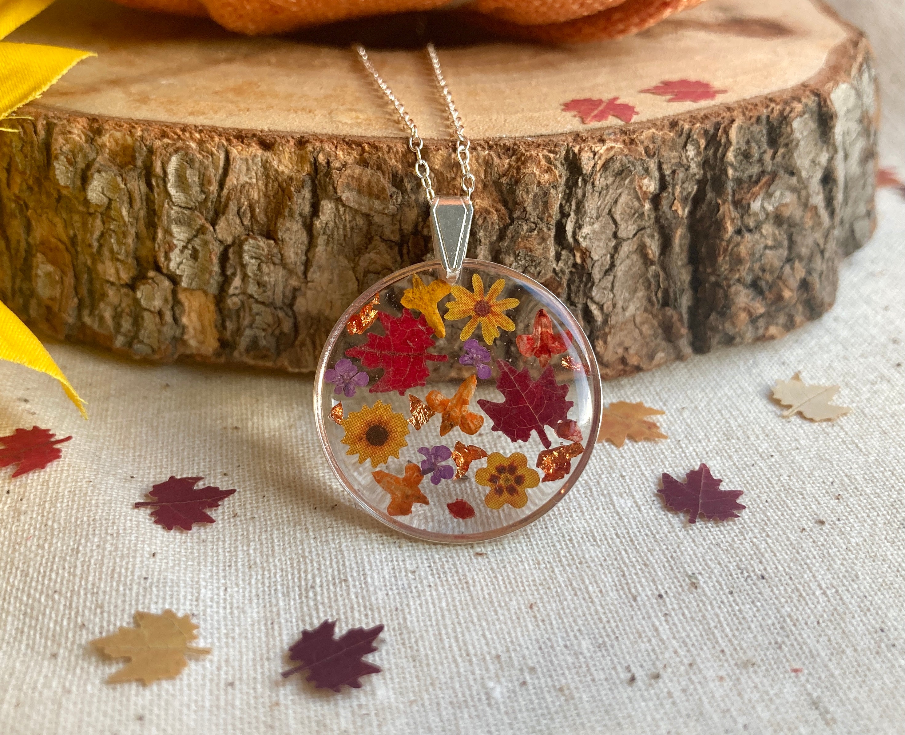 Sunflower Fall Autumn leaf silver necklace.