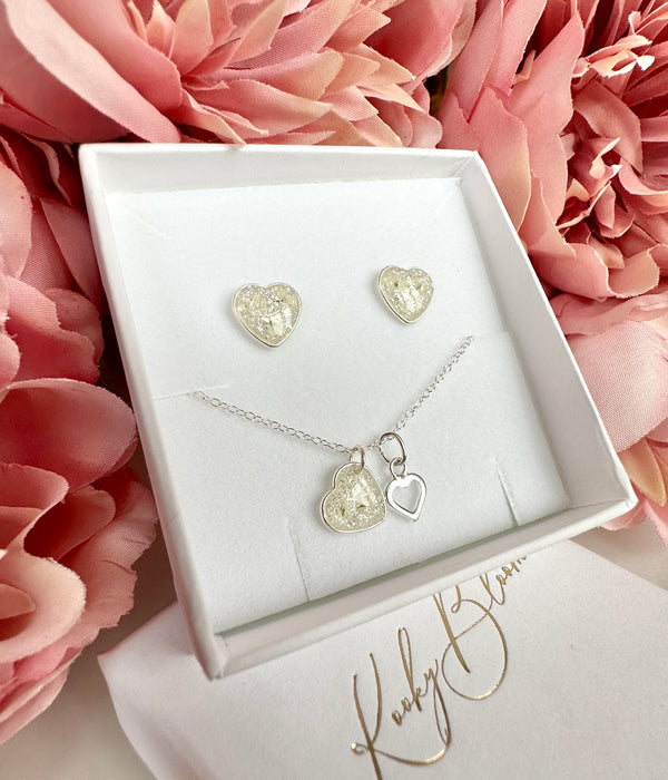 Sterling Silver lace flower sparkle heart earring & Necklace (optional) Set.