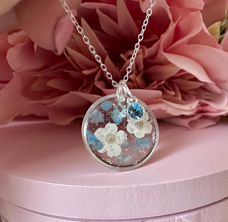 March Birthstone real flower & Aqua marine crystal silver necklace.