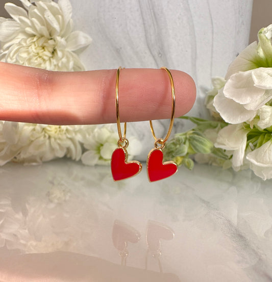 Love heart red enamel gold hoop earrings.