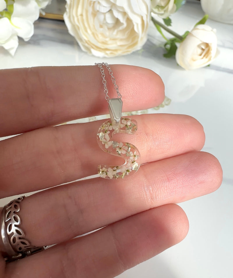 Silver Preserved Lace Flower Custom Initial Necklace